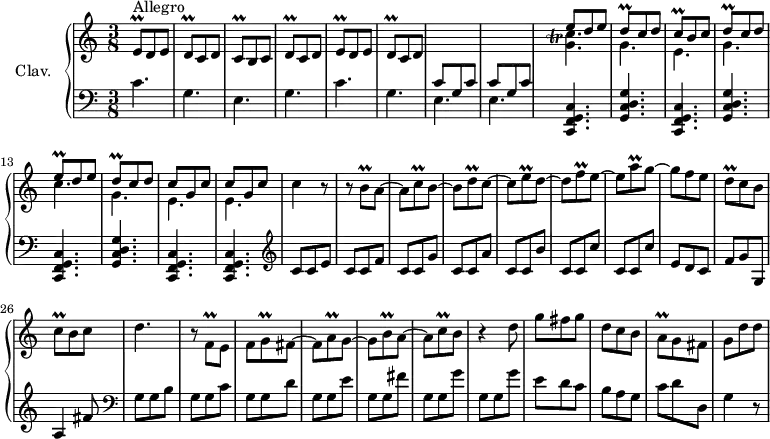 
\version "2.18.2"
\header {
  tagline = ##f
}

%% les petites notes
trillFqq = { \tag #'print { f8\prall } \tag #'midi { \times 2/3 { g32 f g } f16 } }
trillEqq = { \tag #'print { e8\prall } \tag #'midi { \times 2/3 { f32 e f } e16 } }
trillDqq = { \tag #'print { d8\prall } \tag #'midi { \times 2/3 { e32 e f } d16 } }
trillCqq = { \tag #'print { c8\prall } \tag #'midi { \times 2/3 { d32 c d } c16 } }
trillBqq = { \tag #'print { b8\prall } \tag #'midi { \times 2/3 { c32 b c } b16 } }
trillAqq = { \tag #'print { a8\prall } \tag #'midi { \times 2/3 { b32 a b } a16 } }
trillGqq = { \tag #'print { g8\prall } \tag #'midi { \times 2/3 { a32 g a } g16 } }


trillC = { \tag #'print { < g c >4.-\tweak X-offset #-3 -\tweak extra-offset #'(1.5 . 5.6)\trill } \tag #'midi { << { \times 2/3 { d32 c d } c16~ c16~ c8. } \\ { g4. } >> } }

% {
% c''-\tweak X-offset #-3 -\tweak extra-offset #'(1.5 . +2.5) \trill
%}

upper = \relative c' {
  \clef treble 
  \key c \major
  \time 3/8
  \tempo 4. = 92
  \set Staff.midiInstrument = #"harpsichord"

      s8*0^\markup{Allegro} \trillEqq d8 e | \trillDqq c8 d | \trillCqq b8 c | \trillDqq c8 d | \trillEqq d8 e | \trillDqq c8 d | \stemUp \change Staff = "lower" c8 g c | c8 g c |
      % ms. 9
      \stemDown \change Staff = "upper" << { e'8 d e | \trillDqq c8 d | \trillCqq b8 c | \trillDqq c8 d | \trillEqq d8 e | \trillDqq c8 d | c g c | c g c } \\ { \trillC | g'4. e g c g e e } >> c'4 r8
      % ms. 18
      r8 \trillBqq a8~ | a \trillCqq b8~ | b \trillDqq c8~ | c \trillEqq d8~ | d \trillFqq e8~ | e \trillAqq g8~ | g f e | \trillDqq c8 b | \trillCqq b8 c | 
      % ms. 27
      d4. | b8\rest \trillFqq e8~ | f \trillGqq fis8~ | fis \trillAqq g8~ | g \trillBqq a8~ | a \trillCqq b8 | r4 d8 | g fis g | d c b |
      % ms. 36
      \trillAqq g8 fis | g d' d | 

}

lower = \relative c' {
  \clef bass
  \key c \major
  \time 3/8
  \set Staff.midiInstrument = #"harpsichord"

    % **************************************
      c4. g e g c g e e |
      % ms. 9
      \repeat unfold 3 { < c, f g c >4. < g' c d g > } < c, f g c >4. q |   \clef treble  c''8 c e |
      % ms. 18
      c8 c f | c c g' | c, c a' | c, c b' | c, c c' | c, c c' | e, d c | f g g, | a4 fis'8 |
      % ms. 27
      \clef bass g,8 g b | g g c | g g d' | g, g e' | g, g fis' | g, g g' | g, g g' | e d c | b a g |
      % ms. 36
      c8 d d, | g4 r8

}

thePianoStaff = \new PianoStaff <<
    \set PianoStaff.instrumentName = #"Clav."
    \new Staff = "upper" \upper
    \new Staff = "lower" \lower
  >>

\score {
  \keepWithTag #'print \thePianoStaff
  \layout {
      #(layout-set-staff-size 17)
    \context {
      \Score
     \override SpacingSpanner.common-shortest-duration = #(ly:make-moment 1/2)
      \remove "Metronome_mark_engraver"
    }
  }
}

\score {
  \keepWithTag #'midi \thePianoStaff
  \midi { }
}
