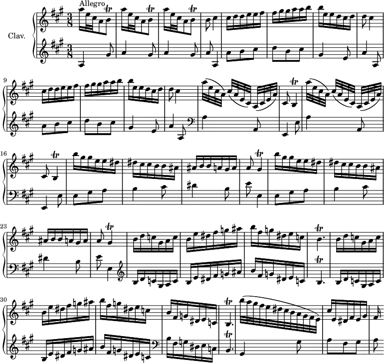 
\version "2.18.2"
\header {
  tagline = ##f
  % composer = "Domenico Scarlatti"
  % opus = "K. 101"
  % meter = "Allegro"
}

%% les petites notes
trillBq     = { \tag #'print { b8\trill } \tag #'midi { cis32 b cis b } }
trillB      = { \tag #'print { b4\trill } \tag #'midi { cis32 b cis b~ b8 } }
trillGis    = { \tag #'print { gis4\trill } \tag #'midi { a32 gis a gis~ gis8 } }
trillBp      = { \tag #'print { b4.\trill } \tag #'midi { c32 b c b~ b4 } }

upper = \relative c'' {
  \clef treble 
  \key a \major
  \time 3/8
  \tempo 4. = 56
  \set Staff.midiInstrument = #"harpsichord"
  \override TupletBracket.bracket-visibility = ##f

      s8*0^\markup{Allegro}
      \repeat unfold 3 { a'16 e32 cis a8 \trillBq } b8 cis4 | \repeat unfold 2 { cis16 d d e e fis  fis gis gis a a b |
      % ms. 7
      b16 e, e d cis d | d8 cis4 } |
      % ms. 13
      \repeat unfold 2 { a'32[( e cis a)] cis( a e cis) a([ cis e a]) | cis,8 \trillB } \repeat unfold 2 { b''16 gis gis e e dis | dis cis cis b b ais |
      % ms. 17
      ais16 b b a gis a | a8 \trillGis }
      % ms. 25
      b16 d c gis a c | b e dis fis g ais b | fis g dis e c | \trillBp | b16 d c gis a c | b e dis fis g ais | 
      % ms. 31
      b16 fis g dis e c | b16 fis g dis e c | \trillBp | b''32( a gis fis e dis cis b a gis fis e) | cis'16 e, dis fis e gis | fis

}

lower = \relative c' {
  \clef bass
  \key a \major
  \time 3/8
  \set Staff.midiInstrument = #"harpsichord"
  \override TupletBracket.bracket-visibility = ##f

    % ************************************** \appoggiatura \repeat unfold 2 {  } \times 2/3 { }
        \clef treble  a4 gis'8 | \repeat unfold 2 { a4 gis8 } | a8 a,4 | \repeat unfold 2 { a'8 b cis | d b cis |
      % ms. 7
       gis4 e8 a4 a,8 }  | \clef bass
      % ms. 13
      \repeat unfold 2 { a4 a,8 | e4  e'8 } | \repeat unfold 2 { e8 gis a | b4 cis8 |
      % ms. 19
      dis4 b8 | e8 e,4 } |  \clef treble 
      % ms. 25 unisson :
      b'16 d c gis a c | b e dis fis g ais b | fis g dis e c | \trillBp | b16 d c gis a c | b e dis fis g ais | 
      % ms. 31
      b16 fis g dis e c |   \clef bass b16 fis g dis e c | \trillBp | gis4 gis'8 | a8 fis gis | a 

}

thePianoStaff = \new PianoStaff <<
    \set PianoStaff.instrumentName = #"Clav."
    \new Staff = "upper" \upper
    \new Staff = "lower" \lower
  >>

\score {
  \keepWithTag #'print \thePianoStaff
  \layout {
      #(layout-set-staff-size 17)
    \context {
      \Score
     \override SpacingSpanner.common-shortest-duration = #(ly:make-moment 1/2)
      \remove "Metronome_mark_engraver"
    }
  }
}

\score {
  \keepWithTag #'midi \thePianoStaff
  \midi { }
}
