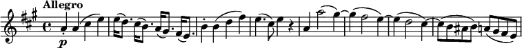 \relative c'' {
\version "2.18.2"
\tempo "Allegro"
\key a \major
\time 4/4
\tempo 4 = 140
a4-. \p a (cis e)
e16 (d8.) cis16 (b8.)a16 (gis8.) fis16 (e8.)
b'4-. b (d fis)
e4. (cis8) e4 r
a, a'2 (gis4) ~ gis (fis2 e4) ~ e (d2 cis4) ~cis8
(b ais b) a (gis fis e)
}