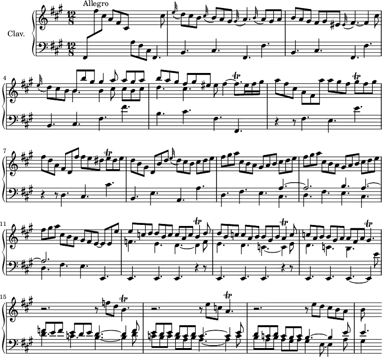 
\version "2.18.2"
\header {
  tagline = ##f
  % composer = "Domenico Scarlatti"
  % opus = "K. 142"
  % meter = "Allegro"
}

%% les petites notes
trillGisq     = { \tag #'print { gis8\trill } \tag #'midi { \times 2/3 { gis16 a gis } } }
trillFisqp    = { \tag #'print { fis8.\trill } \tag #'midi { \times 2/3 { fis16 gis fis~ } fis16 } }
trillEq       = { \tag #'print { e8\trill } \tag #'midi { \times 2/3 { e16 fis e } } }
trillB        = { \tag #'print { b4\trill } \tag #'midi { \times 2/3 { c16 b c } b8 } }
trillA        = { \tag #'print { a4\trill } \tag #'midi { \times 2/3 { b16 a b } a8 } }
trillGispUp   = { \tag #'print { gis'4.\trill } \tag #'midi { \times 2/3 { a16 gis a } gis4 } }
trillAp       = { \tag #'print { a4.\trill } \tag #'midi { \times 2/3 { b16 a b } a4 } }
trillBp       = { \tag #'print { b4.\trill } \tag #'midi { \times 2/3 { c16 b c } b4 } }
%
upper = \relative c'' {
  \clef treble 
  \key fis \minor
  \time 12/8
  \tempo 4. = 112
  \set Staff.midiInstrument = #"harpsichord"
  \override TupletBracket.bracket-visibility = ##f

      s8*0^\markup{Allegro}
      s4. a8 fis cis s4. s4 cis'8 | \appoggiatura e32 d8 cis b \appoggiatura cis32 b8 a gis \appoggiatura gis32 a4. \appoggiatura b32 a8 gis a |
      % ms. 3
      b8 a gis fis gis eis \appoggiatura eis32 fis4.~ fis4 cis'8 |\appoggiatura e32 d8 cis b << { b8 b' gis | gis4 a8 a gis a | b a gis fis gis eis } \\ { \mergeDifferentlyDottedOn  b4. b4 cis8 cis b cis | d4. cis } >> eis8 fis4~ \trillFisqp eis16 fis gis |
      % ms. 6
      a8 fis cis a fis a'  a gis fis \trillGisq fis8 gis | fis d a fis d fis' fis e dis \trillEq dis8 e | d b gis d b' d \appoggiatura e32 d8 cis b cis d e |
      % ms. 9
      \repeat unfold 2 { fis8 gis a cis, b a gis a b cis d e } | fis8 gis a cis, b a gis fis e~ e e e' | 
      % ms. 12
      << { e8 c d d b c c a c \trillB d8 | d b c c a b b gis b \trillA c8 | c a b b gis a a fis a } 
      \\ { f4. e d~ d4 f8 | e4. d c~ c4 e8 | d4. c b } >> \trillGispUp
      % ms. 15
      r2. r8 f'8 d \trillBp | r2. r8 e8 c \trillAp | r2. r8 e'8 d cis b a |
      % ms. 18
      b8 s4
      % ms. 21
      

}

lower = \relative c' {
  \clef bass
  \key fis \minor
  \time 12/8
  \set Staff.midiInstrument = #"harpsichord"
  \override TupletBracket.bracket-visibility = ##f

    % **************************************
      fis,,8 \stemDown \change Staff = "upper" fis''' cis s4. \stemNeutral \change Staff = "lower" a,8 fis cis fis,4. |
      % ms. 2
      \repeat unfold 2 { b4. cis fis, fis' } | b, cis fis fis' | b, cis fis, fis, |
      % ms. 6
      r4 r8  fis'4. e e' | r4 r8 d,4. cis cis' | b, e a, a' |
      % ms. 9
      d,4. fis e << { a4.~ | a2. b4. a4.~ | a2. } \\ { cis,4. | d fis e cis | d fis4. } >> e e, |
      % ms. 12
      \repeat unfold 2 { e4. e e r4 r8 } | e4. e e~ e4 e''8
      % ms. 15
      << { f8 e f e d e d4.~ d4 f8 | e d e d c d c4.~ c4 e8 | d c d c b c b4.~ b4 e8 } 
      \\ { d4. c b4.~ b4 d8 | c b c b a b a4.~ a4 c8 | b a b a gis a gis4 e8~ e4 a8 } >>
      % ms. 18
      << { e'4.~ } \\ { gis,4 } >>
      % ms. 21
      

}

thePianoStaff = \new PianoStaff <<
    \set PianoStaff.instrumentName = #"Clav."
    \new Staff = "upper" \upper
    \new Staff = "lower" \lower
  >>

\score {
  \keepWithTag #'print \thePianoStaff
  \layout {
      #(layout-set-staff-size 17)
    \context {
      \Score
     \override SpacingSpanner.common-shortest-duration = #(ly:make-moment 1/2)
      \remove "Metronome_mark_engraver"
    }
  }
}

\score {
  \keepWithTag #'midi \thePianoStaff
  \midi { }
}
