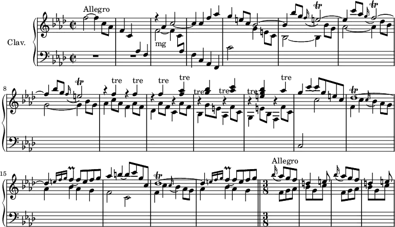 \version "2.18.2"
\header {
tagline = ##f
% composer = "Domenico Scarlatti"
% opus = "K. 204a"
% meter = "Allegro"
}
%% les petites notes
trillEb = { \tag #'print { e2\trill^~ } \tag #'midi { f32 e f e~ e8~ e4~ } }
trillFb = { \tag #'print { f2\trill^~ } \tag #'midi { g32 f g f~ f8~ f4~ } }
trillF = { \tag #'print { f4^\markup{tre} } \tag #'midi { \repeat unfold 4 { g32 f } } }
trillAesAcc = { \tag #'print { < f aes >4^\markup{tre} } \tag #'midi { << { \repeat unfold 4 { bes32 aes } } \\ { f4 } >> } }
trillGAcc = { \tag #'print { < g bes >4-\tweak X-offset #-3 -\tweak extra-offset #'(-0.2 . 9.6)-\markup{tre} } \tag #'midi { << { \repeat unfold 4 { aes32 g } } \\ { bes4 } >> } }
trillAAcc = { \tag #'print { < aes c >4-\tweak X-offset #-3 -\tweak extra-offset #'(-0.2 . 10.3)-\markup{tre} } \tag #'midi { << { \repeat unfold 4 { bes32 aes } } \\ { c4 } >> } }
trillEGAcc = { \tag #'print { < e, g bes >4-\tweak X-offset #-3 -\tweak extra-offset #'(-0.5 . 10.9)-\markup{tre} } \tag #'midi { << { \repeat unfold 4 { aes32 g } } \\ { < e, bes >4 } >> } }
trillA = { \tag #'print { aes'4^\markup{tre} } \tag #'midi { \repeat unfold 4 { bes32 aes } } }
trillFL = { \tag #'print { f4\prall~ } \tag #'midi { g32 f g f~ f8~ } }
trillDesr = { \tag #'print { des1\trill^~ } \tag #'midi { \repeat unfold 2 { ees32 des~ } des8~ des2.~ } }
upper = \relative c'' {
\clef treble
\key f \minor
\time 2/2
\tempo 2 = 70
\set Staff.midiInstrument = #"harpsichord"
\override TupletBracket.bracket-visibility = ##f
s8*0^\markup{Allegro}
f2~ f4 c8 aes | f4 c \stemUp \change Staff = "lower" aes f \stemUp \change Staff = "upper" | r4 aes'4 c2~ | c4 c f aes |
% ms. 5
g4 e8 c bes2^~ | bes4 bes'8 g \appoggiatura f16 \trillEb | e4 c'8 aes \appoggiatura g16 \trillFb | f4 bes8 g \appoggiatura f16 \trillEb |
% ms. 9
\repeat unfold 3 { r4 \trillF } r4 \trillAesAcc | r4 \trillGAcc r4 \trillAAcc | r4 \trillEGAcc r4 \trillA |
% ms. 13
g4 c~ c8 g e c | \trillDesr | des4 \grace { \tempo 2 = 25 e16 f g } \tempo 2 = 70 \trillFL f8 e f g | aes4 b4~ b8 c g c, |
% ms. 17
\trillDesr | des4 \grace { \tempo 2 = 25 e16 f g } \tempo 2 = 70 \trillFL f8 e f \tempo 2 = 20 g \bar "||" \time 3/8 s4*0^\markup{Allegro} \tempo 4. = 72
% ms. 19 - 3/8
\repeat unfold 2 { \appoggiatura bes16 aes8 g f | d4 e8 }
}
lower = \relative c' {
\clef bass
\key f \minor
\time 2/2
\set Staff.midiInstrument = #"harpsichord"
\override TupletBracket.bracket-visibility = ##f
% ************************************** \appoggiatura a16 \repeat unfold 2 { } \times 2/3 { } \omit TupletNumber
R1*2 | \stemDown \change Staff = "upper" f2_~-\markup{mg} f4 c8 \stemUp \change Staff = "lower" aes | \stemNeutral f4 c aes f |
% ms. 5
c''2 \stemDown \change Staff = "upper" g'4 e8 c | bes2_~ bes4 bes'8 g | aes2_~ aes4 des8 bes | g2_~ g4 bes8 g |
% ms. 9
aes4 c8 aes f4 aes8 f | des4 aes'8 f c4 aes'8 f | bes,4 g'8 e aes,4 f'8 c | g4 e'8 bes f4 f'8 c |
% ms. 13
\stemUp \change Staff = "lower" c,2 \stemDown \change Staff = "upper" c''2 | f,4 c' \appoggiatura c16 bes4 aes8 g | aes4 bes aes g | f2 c |
% ms. 17
f4 c' \appoggiatura c16 bes4 aes8 g | aes4 bes aes g | \time 3/8 \grace s16
% ms. 19 - 3/8
\repeat unfold 2 { f8 g aes | bes g c }
}
thePianoStaff = \new PianoStaff <<
\set PianoStaff.instrumentName = #"Clav."
\new Staff = "upper" \upper
\new Staff = "lower" \lower
>>
\score {
\keepWithTag #'print \thePianoStaff
\layout {
#(layout-set-staff-size 17)
\context {
\Score
\override SpacingSpanner.common-shortest-duration = #(ly:make-moment 1/2)
\remove "Metronome_mark_engraver"
}
}
}
\score {
\keepWithTag #'midi \thePianoStaff
\midi { }
}