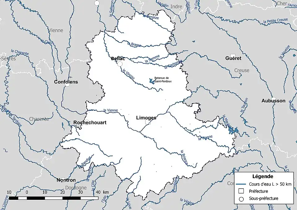 Carte des cours d'eau de longueur supérieure à 50&nbsp;km de la Haute-Vienne.