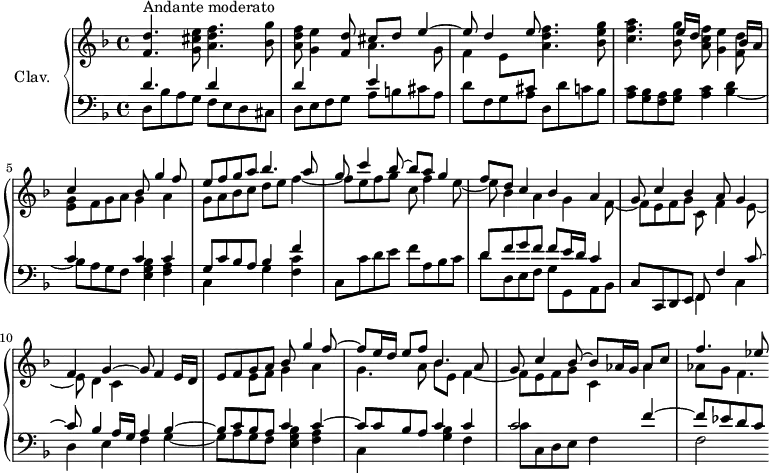 \version "2.18.2"
\header {
tagline = ##f
% composer = "Domenico Scarlatti"
% opus = "K. 52"
% meter = "Andante moderato"
}
%% les petites notes
trillBesp = { \tag #'print { bes4.\prall } \tag #'midi { c32 bes c bes~ bes4 } }
upper = \relative c'' {
\clef treble
\key d \minor
\time 4/4
\tempo 4 = 62
\set Staff.midiInstrument = #"harpsichord"
\override TupletBracket.bracket-visibility = ##f
s8*0^\markup{Andante moderato}
< f, d' >4. < g cis e >8 < a d f >4. < bes g' >8 | < a d f >8 < g e' >4 < f d' >8 << { cis'8 d e4~ | e8 d4 e8 } \\ { a,4. g8 | f4 e8 \stemUp \change Staff = "lower" cis } >> < a' d f >4. < bes e g >8 |
% ms. 4
<< { s4. e16 d s8 s4 bes16 a | c4 s4 bes8 g'4 f8 |
% ms. 6 dessus
e8 f g a bes4. a8 | g8 c4 bes8~ bes8 a g4 | f8 d c4 bes a | g8 c4 bes a8 g4 |
% ms. 10 dessus
f4 g~ g8 }
% ms. 4 dessous
\\ { < c f a >4. < bes g' >8 < a c f >8 < g e' >4 < f d' >8 | < e g >8 f g a g4 a | g8 a bes c d e f4~ |
% ms. 7 dessous
f8 e f g c, f4 e8~ | e bes4 a g f8~ | f e f g c, f4 e8~ |
% ms. 10 dessous
e8 d4 c } >>
% ms. 10 suite
f4 e16 d |
<< { e8 f g a bes g'4 f8~ | f8 e16 d e8 f \mergeDifferentlyDottedOn bes,4. a8 |
% ms. 13 dessus
g8 c4 bes8~ bes aes16 g aes8 c | f4. ees8 }
% ms. 10 suite voix dessous
\\ { s4 e,8 f g4 a | g4. a8 bes8 e, f4~ | f8 e f g c,4 aes'4 | aes8 g f4.*1/2 } >>
}
lower = \relative c' {
\clef bass
\key d \minor
\time 4/4
\set Staff.midiInstrument = #"harpsichord"
\override TupletBracket.bracket-visibility = ##f
% ************************************** \appoggiatura \repeat unfold 2 { } \times 2/3 { }
<< { d4. s8 | \repeat unfold 2 { d4 s4 } e4 } \\ { d,8 bes' a g f e d cis | d e f g a b cis a } >> | d8 f, g a d, d' c bes |
% ms. 4
< a c >8 < g bes > < f a > < g bes > < a c >4
<< { s4 | c4 s4 c4 c | g8 c bes a bes4 f' }
\\ { < bes, d >4~ | bes8 a g f < e g bes >4 < f a > | c4 s4 g' < f c' > } >>
% ms. 7
c8 c' d e f a, bes c |
<< { d8 f g f | f e16 d c4 }
\\ { d8 d, e f g g, a bes } >> | c8 c, d e
<< { f8 f'4 c'8~ | c8 bes4 a16 g a4 bes~ | bes8 c bes a c4 c~ | c8 c bes a c4 c |
% ms. 13 dessus
c2 s4 f4~ f8 ees d c }
\\ { f,,4 c' | d e f g~ | g8 a g f < e g bes >4 < f a > | c s4 < g' bes >4 f | c'8 c, d e f4 s4 | f2 } >>
}
thePianoStaff = \new PianoStaff <<
\set PianoStaff.instrumentName = #"Clav."
\new Staff = "upper" \upper
\new Staff = "lower" \lower
>>
\score {
\keepWithTag #'print \thePianoStaff
\layout {
#(layout-set-staff-size 17)
\context {
\Score
\override SpacingSpanner.common-shortest-duration = #(ly:make-moment 1/2)
\remove "Metronome_mark_engraver"
}
}
}
\score {
\keepWithTag #'midi \thePianoStaff
\midi { }
}