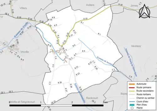 Carte en couleur présentant le réseau hydrographique de la commune