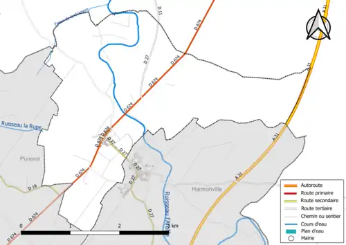Carte en couleur présentant le réseau hydrographique de la commune
