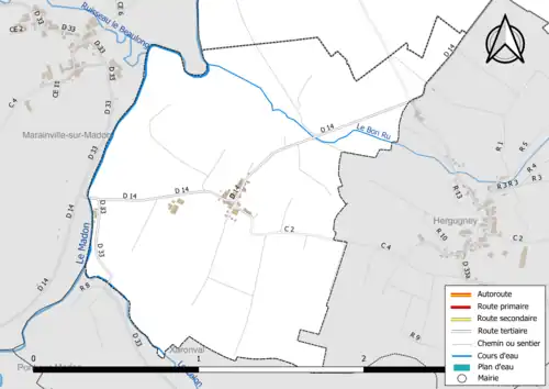 Carte en couleur présentant le réseau hydrographique de la commune