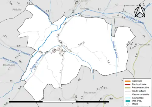 Carte en couleur présentant le réseau hydrographique de la commune