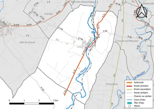 Carte en couleur présentant le réseau hydrographique de la commune