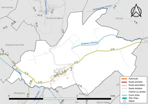 Carte en couleur présentant le réseau hydrographique de la commune