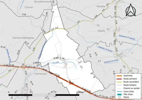 Carte en couleur présentant le réseau hydrographique de la commune
