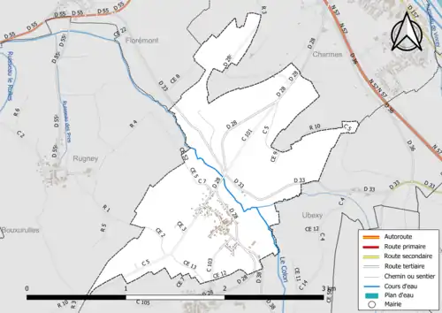 Carte en couleur présentant le réseau hydrographique de la commune