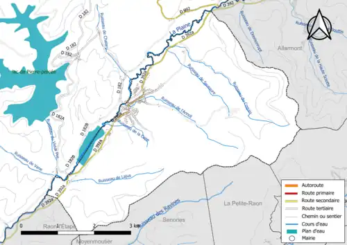 Carte en couleur présentant le réseau hydrographique de la commune