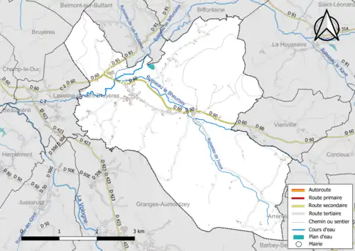 Carte en couleur présentant le réseau hydrographique de la commune