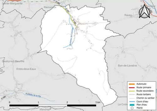 Carte en couleur présentant le réseau hydrographique de la commune