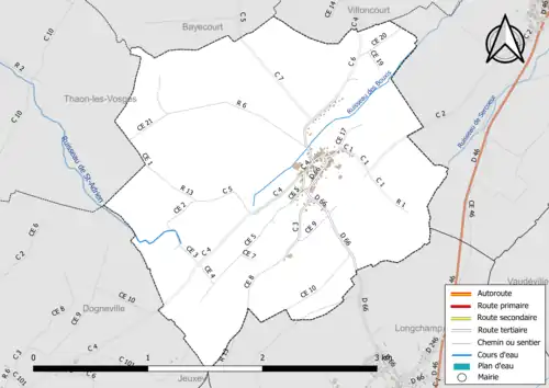 Carte en couleur présentant le réseau hydrographique de la commune