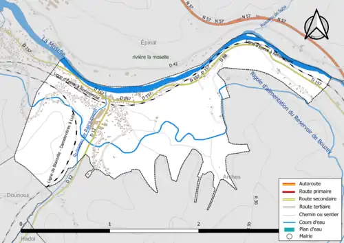 Carte en couleur présentant le réseau hydrographique de la commune
