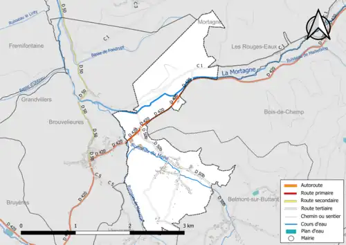 Carte en couleur présentant le réseau hydrographique de la commune