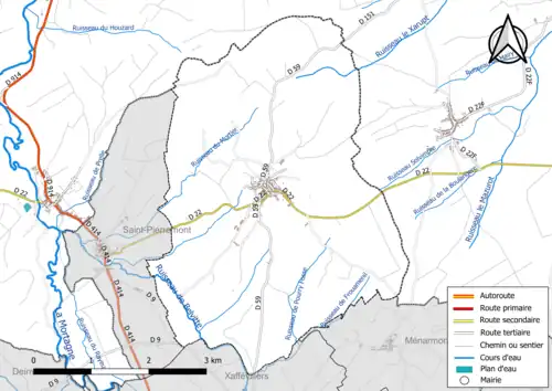 Carte en couleur présentant le réseau hydrographique de la commune