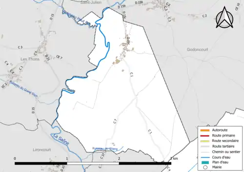 Carte en couleur présentant le réseau hydrographique de la commune