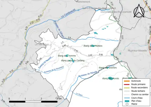 Carte en couleur présentant le réseau hydrographique de la commune
