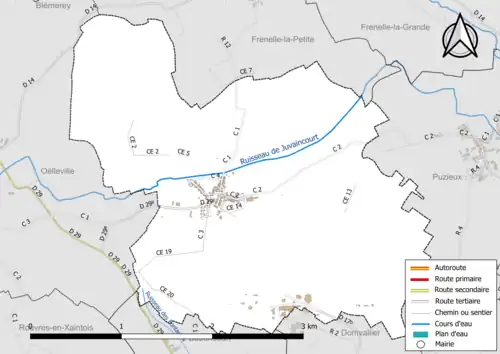 Carte en couleur présentant le réseau hydrographique de la commune