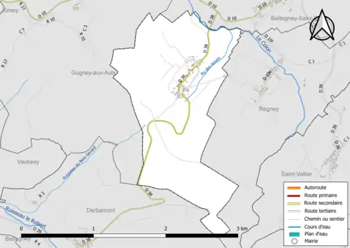 Carte en couleur présentant le réseau hydrographique de la commune