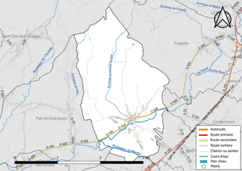 Carte en couleur présentant le réseau hydrographique de la commune
