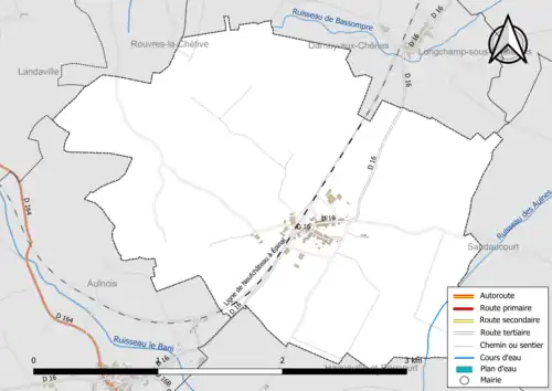 Carte en couleur présentant le réseau hydrographique de la commune