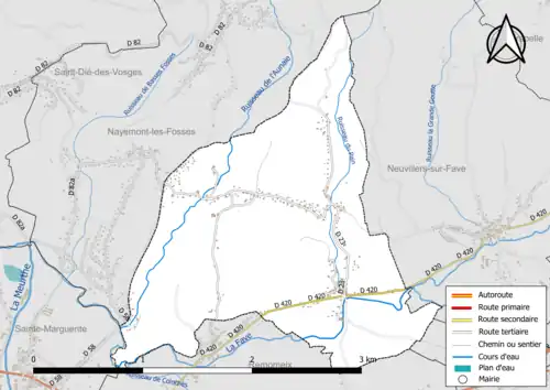 Carte en couleur présentant le réseau hydrographique de la commune