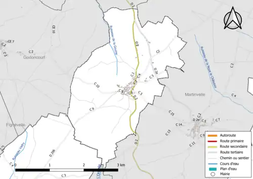 Carte en couleur présentant le réseau hydrographique de la commune