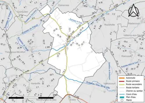 Carte en couleur présentant le réseau hydrographique de la commune