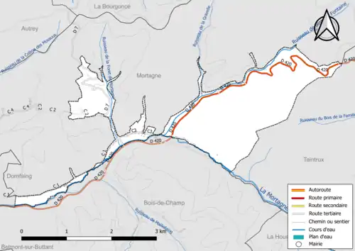 Carte en couleur présentant le réseau hydrographique de la commune