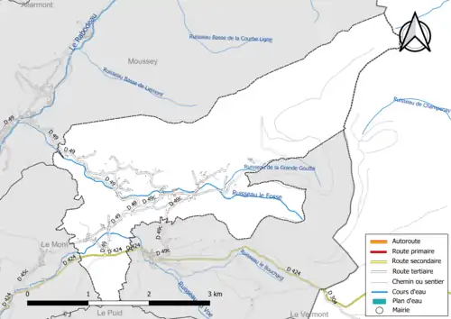 Carte en couleur présentant le réseau hydrographique de la commune