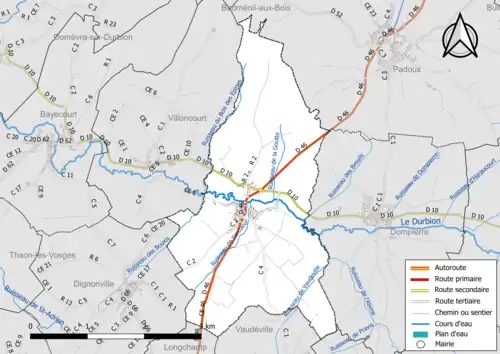 Carte en couleur présentant le réseau hydrographique de la commune