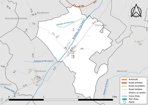 Carte en couleur présentant le réseau hydrographique de la commune