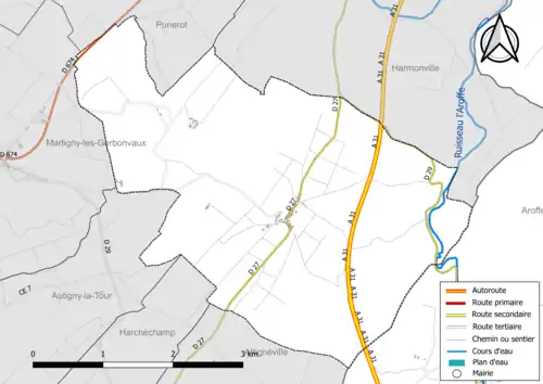 Carte en couleur présentant le réseau hydrographique de la commune