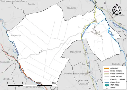 Carte en couleur présentant le réseau hydrographique de la commune
