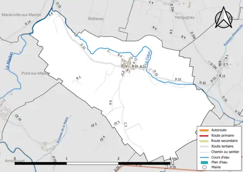 Carte en couleur présentant le réseau hydrographique de la commune