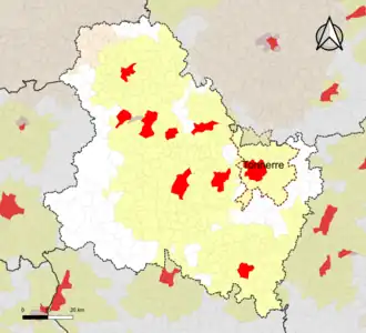Localisation de l'aire d'attraction de Tonnerre dans le département de l'Yonne.