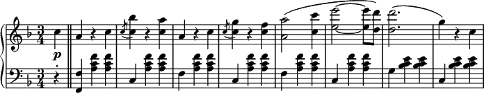 \relative b' {
\new PianoStaff <<
\new Staff { \key d \minor \time 3/4
\tempo \markup {
\column {
}
}
\partial 4 c\p \bar "||" a r c \slashedGrace c8( <c bes'>4) r <c a'> a r c \slashedGrace c8( <c g'>4) r <c f> <a a'>2( <c c'>4 <e e'>2~ <e e'>8 <d d'>) <d d'>2.( g4) r c,
}
\new Staff { \key d \minor \time 3/4 \clef bass
r-. <f,, f,> <a c f> <a c f> c, <a' c f> <a c f> f <a c f> <a c f> c, <a' c f> <a c f> f <a c f> <a c f> c, <a' c f> <a c f> g <bes c e> <bes c e> c, <bes' c e> <bes c e> }
>>
}