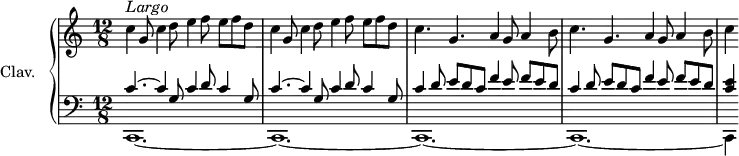 \version "2.18.2"
\header {
tagline = ##f
}
upper = \relative c'' {
\clef treble
\key c \major
\time 12/8
\tempo 4. = 56
\set Staff.midiInstrument = #"church organ"
\override TupletBracket #'stencil = ##f
\override Score.BarNumber #'stencil = ##f
\bar " "
c4^\markup { \column { \italic Largo} } g8 c4 d8 e4 f8 e f d | c4 g8 c4 d8 e4 f8 e f d | c4. g a4 g8 a4 b8 | c4. g a4 g8 a4 b8 | c4
}
lower = \relative c {
\clef bass
\key c \major
\time 12/8
\set Staff.midiInstrument = #"church organ"
\override TupletBracket #'stencil = ##f
<< {c'4.~ c4 g8 c4 d8 c4 g8 |c4.~ c4 g8 c4 d8 c4 g8|c4 d8 e d c f4 e8 f e d | c4 d8 e d c f4 e8 f e d |<c e>4}
\\ {c,,1.~ |c1.~ |c1.~|c1.~|c4} >>
}
thePianoStaff = \new PianoStaff <<
\set PianoStaff.instrumentName = #"Clav."
\new Staff = "upper" \upper
\new Staff = "lower" \lower
>>
\score {
\keepWithTag #'print \thePianoStaff
\layout {
#(layout-set-staff-size 17)
\context {
\Score
\override SpacingSpanner.common-shortest-duration = #(ly:make-moment 1/2)
\remove "Metronome_mark_engraver"
}
}
}
\score {
\keepWithTag #'midi \thePianoStaff
\midi { }
}