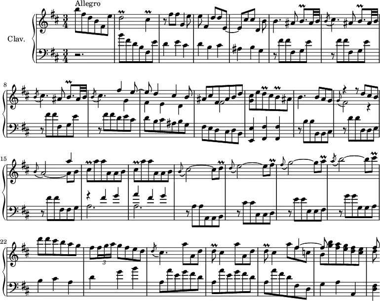 \version "2.18.2"
\header {
tagline = ##f
% composer = "Domenico Scarlatti"
% opus = "K. 498"
% meter = "Allegro"
}
%% les petites notes
trillDb = { \tag #'print { d2\prall } \tag #'midi { e32 d e d~ d8~ d4 } }
trillCis = { \tag #'print { cis4\prall } \tag #'midi { d32 cis d cis~ cis8 } }
trillBqp = { \tag #'print { b8.\prall } \tag #'midi { cis32 b cis b~ b16 } }
trillDq = { \tag #'print { d8\prall } \tag #'midi { e32 d e d } }
trillBq = { \tag #'print { b8\prall } \tag #'midi { cis32 b cis b } }
trillCisq = { \tag #'print { cis8\prall } \tag #'midi { d32 cis d cis } }
trillFisq = { \tag #'print { fis8\prall } \tag #'midi { g32 fis g fis } }
trillAq = { \tag #'print { a8\prall } \tag #'midi { b32 a b a } }
upper = \relative c'' {
\clef treble
\key b \minor
\time 3/4
\tempo 4 = 102
s8*0^\markup{Allegro}
b'8 fis d b fis e' | \trillDb \trillCis | r8 fis8 fis g,4 e'8 |
% ms. 4
e8 fis,4 d'8 d e,~ | e cis' cis d,4 b'8 | b4. \repeat unfold 3 { ais8 \trillBqp ais32 b |
% ms. 9
\acciaccatura b8 cis4. }
<< { fis4 e8~ | e d4 cis b8 | ais cis fis, ais b d }
\\ { s8 g,4 | fis e d | s4 fis2 } >>
% ms. 12
< g cis >8 e' \trillDq cis8 \trillBq ais8 | b4. b8 a g | << { r4 r8 d'8 cis b | s2 a'4 } \\ { \stemUp \appoggiatura g,8 \stemDown fis2 r4 | \stemUp \appoggiatura b8 a2~ \stemDown a8 b8 } >>
% ms. 16
\repeat unfold 2 { \trillCisq a'8 a a, a b } | \appoggiatura b8 cis2~ cis8 \trillDq | \appoggiatura d8 e2~ e8 \trillFisq
% ms. 20
\appoggiatura fis8 g2~ g8 \trillAq | \acciaccatura a8 b2~ b8 \trillCisq | d8 d cis b a g | fis \times 2/3 { fis16 g a } g8 fis e d |
% ms. 24
\acciaccatura d8 cis4. \repeat unfold 2 { a'8 a, d | \trillDq cis4 }
<< { s8 fis4~ | fis8 } \\ { a8 fis c | b < g' b > < fis a > < e g > < d fis > < cis e > } >>
% ms. 28
<< { fis8 } \\ { d8 } >>
}
lower = \relative c' {
\clef bass
\key b \minor
\time 3/4
% ************************************** \appoggiatura a16 \repeat unfold 2 { } \times 2/3 { } \omit TupletNumber
r2. | b'8 fis d b fis e' | d4 e cis |
% ms. 4
d4 b cis | ais b g | \repeat unfold 3 { r8 fis' fis fis, g e' }
% ms. 9
r8 fis fis d e cis | d b cis ais b g | fis e d cis d b |
% ms. 12
< e, e' >4 < fis fis' > q | r8 b'8 b b, b cis | r8 d' d d, d e | r8 fis' fis fis, fis g |
% ms. 16
<< { r4 fis'4 g | a fis g } \\ { a,2. a } >> | r8 a8 a a, a b | r8 cis' cis cis, cis d |
% ms. 20
r8 e' e e, e fis | r8 g' g g, g a | b4 cis a | d g b |
% ms. 24
\repeat unfold 2 { a,8 a' e g fis d } | a a' fis d fis, d | g4 a a, |
% ms. 28
< d fis >4*1/2
}
thePianoStaff = \new PianoStaff <<
\set PianoStaff.instrumentName = #"Clav."
\new Staff = "upper" \upper
\new Staff = "lower" \lower
>>
\score {
\keepWithTag #'print \thePianoStaff
\layout {
#(layout-set-staff-size 17)
\context {
\Score
\override TupletBracket.bracket-visibility = ##f
\override SpacingSpanner.common-shortest-duration = #(ly:make-moment 1/2)
\remove "Metronome_mark_engraver"
}
}
}
\score {
\keepWithTag #'midi \thePianoStaff
\midi { \set Staff.midiInstrument = #"harpsichord" }
}