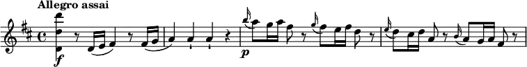 
\relative c'' {
  \version "2.18.2"
  \key d \major
  \tempo "Allegro assai"
  <d' d, d,>\f r8 d,,16( e fis4) r8 fis16( g a4) a-! a-! r \grace b'16\p(a8 ) g16 a fis8 r \grace g16(fis8 ) e16 fis d8 r \grace e16(d8 ) cis16 d a8 r \grace b16(a8 ) g16 a fis8 r
}
