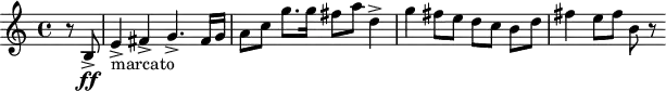 
\header {
  tagline = ##f
}

\score {
  \new Staff \with {

  }
<<
  \relative c'' {
    \key c \major
    \time 4/4
    \tempo 4 = 100
    \override TupletBracket #'bracket-visibility = ##f 
    %\autoBeamOff
    \set Staff.midiInstrument = #"string ensemble 1"

     %%%%%%%%%%%%%%%%%%%%%%%%%% 5e chosta thème {{4e|mouvement}}
     \partial 4 r8 b,8->\ff e4->-"marcato" fis-> g4.-> fis16 g a8 c g'8. g16 fis8 a  d,4->
     g4 fis8 e d c b[ d] fis4 e8 fis b, r8

  }
>>
  \layout {
    \context {
      \Score
      \remove "Metronome_mark_engraver"
    }
  }
  \midi {}
}
