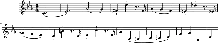 
\version "2.18.2"
\header {
  tagline = ##f
}

\score {
  \new Staff \with {

  }
<<
  \relative c' {
    \key c \minor
    \time 3/4  
    \tempo 4 = 125
    \override TupletBracket #'bracket-visibility = ##f 

     %%Mozart — Concerto 24, mvt 1, th. 1
     c2.( ees2.) aes2( g4) fis-! ees'-! r8. fis,16 aes4( g f) e-! des'-! r8. ees,16 ges4( f ees) d-! b'-! 
     r8. d,16 ees4-! c'-! r8. ees,16 aes4 aes,4( a bes b c) f g g, c

  }
>>
  \layout {
     \context { \Score \remove "Metronome_mark_engraver" }
  }
  \midi {}
}
