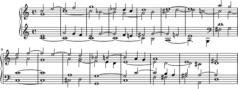 
\version "2.14.2"
\header {
  tagline = ##f
}
upper = \relative c'' {
  \clef treble 
  \key c \major
  \time 4/4
  \tempo 4 = 100
  \tempo "Presto"
  %\autoBeamOff
  \set Staff.midiInstrument = #"church organ"

  << { c2 e~ e f g1 ees2 d4 c d1 e~ e a2 } \\ { g,1 c~ c2 bes~ bes a~ a b cis d~ d c!~ c } >>
  << { g' e f~ f e~ e d bes b!~ b a4 g a1 e fis2 } \\ { b2~ b a g1 a2 < a f >~ f2 e4 d e1~ e2 d~ d cis d1~ } >>
}

lower = \relative c' {
  \clef treble 
  \key c \major
  \time 4/4
  \set Staff.midiInstrument = #"church organ"
    
   << { e1 a2 g4 f e2 g2~ g f4 e! fis2 g2~ g f!2 e1 } \\ { c1~ c~ c~ c~ c2 b  a1~ a2. g4 } >>
   \clef bass
   << { d'1 c1~ c a g~ g2 c~ c b4 a b2 a2~ a } \\ { fis2 g c,1~ c cis2 d g,1 c f2 fis gis a, d1 } >>
} 

\score {
  \new PianoStaff <<
    \set PianoStaff.instrumentName = #""
    \new Staff = "upper" \upper
    \new Staff = "lower" \lower
  >>
  \layout {
    \context {
      \Score
      \remove "Metronome_mark_engraver"
    }
  }
  \midi { }
}
