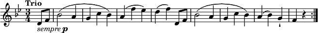 \relative c'' {
\version "2.18.2"
\key bes \major
\time 3/4
\tempo "Trio"
\tempo 4 = 130
\partial4 d,8_\markup { \italic { sempre } \dynamic p } f
bes2 (a4 g c bes)
a (f'ees)
d (f) d,8 f
bes2 (a4 g c bes)
a4 (bes) g-!
f r4 \bar ":|."
}