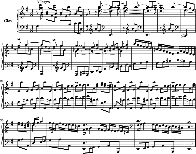 
\version "2.18.2"
\header {
  tagline = ##f
  % composer = "Domenico Scarlatti"
  % opus = "K. 523"
  % meter = "Allegro"
}

%% les petites notes
trillFisq       = { \tag #'print { fis8\prall } \tag #'midi { g32 fis g fis } }
trillGq         = { \tag #'print { g8\prall } \tag #'midi { a32 g a g } }
trillDq         = { \tag #'print { d8\prall } \tag #'midi { e32 d e d } }
trillCisetEq    = { \tag #'print { < cis e >8\prall } \tag #'midi { << { fis32 e fis e } \\ { cis8 } >>  } }
trillDp         = { \tag #'print { d4.\prall } \tag #'midi { e32 d e d~   \tempo 4. = 60 d4   \tempo 4. = 84 } }

upper = \relative c'' {
  \clef treble 
  \key g \major
  \time 3/8
  \tempo 4. = 84
  \set Staff.midiInstrument = #"harpsichord"
  \override TupletBracket.bracket-visibility = ##f

  \repeat volta 2 {
      s8*0^\markup{Allegro}
      r8 d'8 \stemUp b, | c \stemDown c' \stemUp a, | b \stemDown b' \stemUp g, | a \stemDown a' \stemUp fis, | g r8 
      << { b'8~ | b a c~ | c4 b8~ | b a c~ } \\ 
      { \single \hide Flag g8~ | \shiftOn g4 fis8 | g4.~ | g4 fis8 } \\ 
      { \shiftOff \stemDown d8_~ d4. | d4._~ d4. } >>
      % ms. 9
      << { c'4 b8~ | b g e | \trillGq a4~ | a8 fis d | \trillFisq g4 } \\ 
     { < d g >4. e4.~ | e8 a cis, | d4.~ | d8 g b, } >> 
      << { g'4. s4. s8 g4 } \\ 
     { \shiftOnnn \stemUp cis,8 e4~ | < e fis >8 < d a' >4~ | < d e >8 \shiftOnnn cis[ e~] < e fis >8 < d a' >4 } \\ 
     { \stemDown a4._~ a_~ a_~ a } >>
      % ms. 18
      b'16 a g fis e d | cis b a g fis e | fis a g fis e d | e8 \stemDown a' \stemUp e, | fis \stemDown a' \stemUp g, | a \stemDown a' \stemUp e, |
      % ms. 24
      fis8 \stemDown a' \stemUp g, | \stemNeutral a d d | \trillDq e8 e | e a, < d fis > | < e g >8 < d fis > \trillCisetEq | d8 \stemDown a' \stemUp e, | fis \stemDown a' \stemUp g, | a \stemDown a' \stemUp e, | fis8 \stemDown a' \stemUp g, |  \stemNeutral
      % ms. 33
      a d d | \trillDq e8 e | e a, < d fis > | < e g >8 < d fis > \trillCisetEq | << { fis16 g a4 } \\ { d,4. } >> | \times 2/3 { g16 fis e }   \omit TupletNumber \times 2/3 { fis16[ e d] } \times 2/3 { e16 d cis } | << { d4. } \\ { fis,16 g a4 } >>
      % ms. 40
      \times 2/3 { g16 fis e }   \omit TupletNumber \times 2/3 { fis16[ e d] } \times 2/3 { e16 d cis } |   \clef bass << { d4. } \\ { fis,16 g a4 } >> | \times 2/3 { g16 fis e }   \omit TupletNumber \times 2/3 { fis16[ e d] } \times 2/3 { e16 d cis } | \trillDp }%reprise

}

lower = \relative c' {
  \clef bass
  \key g \major
  \time 3/8
  \set Staff.midiInstrument = #"harpsichord"
  \override TupletBracket.bracket-visibility = ##f

  \repeat volta 2 {
    % ************************************** \appoggiatura a16  \repeat unfold 2 {  } \times 2/3 { }   \omit TupletNumber 
      g4 \stemDown \change Staff = "upper" g'8 | a fis d | g e \stemUp \change Staff = "lower" b \stemNeutral | c d d, | g \repeat unfold 2 {  \clef treble  b'8[ g] |   \clef bass d,,4. r8 } | \clef treble
      % ms. 9
      b'''8[ g] |  \clef bass cis,,,4. | r8  \clef treble a'''8[ fis] | \clef bass b,,,4. | r8  \clef treble g'''8[ e] | \clef bass a,,,8 cis a | d fis d | a' cis a | 
      % ms. 17
      d8 fis d | g a b | a b cis | d cis b | a8 \repeat unfold 2 { \stemUp a, \stemDown cis' | d \stemUp a, \stemDown e'' | fis \stemUp a,, \stemDown cis' |
      % ms. ... à 37
      d8 \stemUp a, \stemDown e'' | \stemNeutral fis d fis | g e g | a cis, d | g, a a, | \stemUp d } e fis | \stemNeutral g a a, | << { d4. } \\ { d,8 e fis } >>
      % ms. 40
      g8 a a,  | d e fis | g a a, d4. }%reprise

}

thePianoStaff = \new PianoStaff <<
    \set PianoStaff.instrumentName = #"Clav."
    \new Staff = "upper" \upper
    \new Staff = "lower" \lower
  >>

\score {
  \keepWithTag #'print \thePianoStaff
  \layout {
      #(layout-set-staff-size 17)
    \context {
      \Score
     \override SpacingSpanner.common-shortest-duration = #(ly:make-moment 1/2)
      \remove "Metronome_mark_engraver"
    }
  }
}

\score {
  \unfoldRepeats
  \keepWithTag #'midi \thePianoStaff
  \midi { }
}
