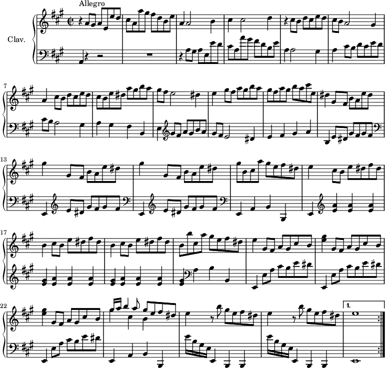 
\version "2.18.2"
\header {
  tagline = ##f
}

upper = \relative c' {
  \clef treble 
  \key a \major
  \time 2/2
  \tempo 2 = 78
  \set Staff.midiInstrument = #"harpsichord"

  \repeat volta 2 {
    r4^\markup{Allegro} a'8 gis a e e' d | cis a a' gis fis d b e | a,4 a2 b4 | cis4 cis2 d4 | r4 cis8 b d cis e d | cis b a2 gis4 | a cis8 b d cis e d |
    % ms. 8
    cis8 b e dis a' gis b a | gis fis e2 dis4 | e4 gis8 fis a gis b a | gis fis a gis b a cis e, | 
    % ms. 12
    dis4 \repeat unfold 2 { gis,8 fis b a e' dis | gis4 } gis,8 fis b a e' dis | gis8 b, cis a' gis e fis dis | 
    % ms. 16
    e4  \repeat unfold 2 { cis8 b e dis fis dis | b4 } cis8 b e dis fis dis | b b' cis, a' gis e fis dis | 
    % ms. 20
    e4  \repeat unfold 2 { gis,8 fis a gis cis b | < e gis >4 } gis,8 fis a gis cis b | << { gis'16 a b4 a8 gis e fis dis } \\ { gis4 cis, b } >>
    % ms. 24
    e4  r8 b'8 gis e fis dis | e4 r8 b'8 gis e fis dis | e1 }%reprise

}

lower = \relative c {
  \clef bass
  \key a \major
  \time 2/2
  \omit Staff.TimeSignature
  \set Staff.midiInstrument = #"harpsichord"

    % **************************************
     \repeat volta 2 {
     \tempo 2 = 60 a4 \tempo 2 = 78 r4 r2 | R1 | r4 a'8 gis a e e' d cis a a' gis fis d b e | \tempo 2 = 60 a,4 \tempo 2 = 78 a2 gis4 |  a4 cis8 b d cis e d | cis b a2 gis4 | 
     % ms. 8
     a gis fis b, | e  \clef treble  gis'8 fis a  gis b a | gis fis e2 dis4 | e fis gis a | 
     % ms. 12
       \tempo 2 = 60 b,   \tempo 2 = 78 \repeat unfold 2 { \clef treble  e8 dis gis fis gis fis  \clef bass  e,,4 } \clef treble  e''8 dis gis fis gis fis  \clef bass  e,,4 a b b, |
     % ms. 16
     \tempo 2 = 60 e4 \tempo 2 = 78 \clef treble \repeat unfold 3 { < e'' a >4 q q < e gis > }  \clef bass  a,4 b b, | 
     % ms. 20
     \tempo 2 = 60 e,4 \tempo 2 = 78 \repeat unfold 3 { e'8 a cis b e dis e,,4 } a b b, | e''16 b gis e e,4 b b | e''16 b gis e e,4 b \tempo 2 = 64 b | 
     } 
     \alternative { 
      { e1 | }
      { s8*0 }
     }


% \bar ":|." 

} 

thePianoStaff = \new PianoStaff <<
    \set PianoStaff.instrumentName = #"Clav."
    \new Staff = "upper" \upper
    \new Staff = "lower" \lower
  >>

\score {
  \keepWithTag #'print \thePianoStaff
  \layout {
      #(layout-set-staff-size 17)
    \context {
      \Score
     \override SpacingSpanner.common-shortest-duration = #(ly:make-moment 1/2)
      \remove "Metronome_mark_engraver"
    }
  }
}

\score {
  \unfoldRepeats
  \keepWithTag #'midi \thePianoStaff
  \midi { }
}
