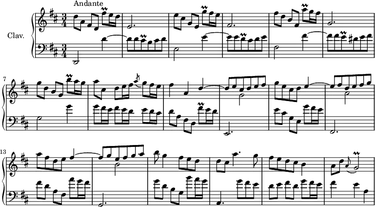 \version "2.18.2"
\header {
tagline = ##f
}
%% les petites notes
trillFisqUp = { \tag #'print { fis'8\prall } \tag #'midi { g32 fis g fis } }
trillGqUp = { \tag #'print { g'8\prall } \tag #'midi { a32 g a g } }
trillAqUp = { \tag #'print { a'8\prall } \tag #'midi { b32 a b a } }
trillBqUp = { \tag #'print { b'8\prall } \tag #'midi { cis32 b cis b } }
trillCisq = { \tag #'print { cis8\prall } \tag #'midi { d32 cis d cis } }
trillDq = { \tag #'print { d8\prall } \tag #'midi { e32 d e d } }
trillEq = { \tag #'print { e8\prall } \tag #'midi { fis32 e fis e } }
trillG = { \tag #'print { g2\prall } \tag #'midi { a32 g a g a g~ g16~ g4 } }
upper = \relative c'' {
\clef treble
\key d \major
\time 3/4
\tempo 4 = 86
\set Staff.midiInstrument = #"harpsichord"
s8*0^\markup{Andante}
d8 a fis d \trillFisqUp e16 d | e,2. | e'8 cis g e \trillGqUp fis16 e | fis,2. | fis'8 d b fis \trillAqUp g16 fis |
% ms. 6
g,2. | g'8 d b g \trillBqUp a16 g | a8 cis, d e16 fis \acciaccatura a8 g8 fis16 e | fis4 a, << { d4~ | d8 e cis d e fis } \\ { s2 g,2 } >>
% ms. 11
g'8 e cis d << { e4~ | e8 fis d e fis g } \\ { s2 a,2 } >> | a'8 fis d e << { fis4~ | fis8 g e fis g a } \\ { s2 b,2 } >> | b'8 g4 fis8 e d |
% ms. 16
d8 cis a'4. g8 | fis8 e d cis b4 | a8 d \appoggiatura a8 \trillG
}
lower = \relative c' {
\clef bass
\key d \major
\time 3/4
\set Staff.midiInstrument = #"harpsichord"
% **************************************
d,,2 d''4~ d8 d \trillCisq b8 cis d | e,2 e'4~ | e8 e \trillDq cis8 d e | fis,2 fis'4~ |
% ms. 6
fis8 fis \trillEq dis8 e fis | g,2 g'4 | g8 fis16 e fis8 e16 d e8 d16 cis | d8 a fis d \trillFisqUp e16 d | e,,2. |
% ms. 11
e''8 cis g e g' fis16 e | fis,,2. | fis''8 d a fis a' g16 fis | g,,2. | g''8 d b g b' a16 g |
% ms. 16
a,,4. g''8 fis e | d e fis d g fis16 e | fis4 e a, |
}
thePianoStaff = \new PianoStaff <<
\set PianoStaff.instrumentName = #"Clav."
\new Staff = "upper" \upper
\new Staff = "lower" \lower
>>
\score {
\keepWithTag #'print \thePianoStaff
\layout {
#(layout-set-staff-size 17)
\context {
\Score
\override SpacingSpanner.common-shortest-duration = #(ly:make-moment 1/2)
\remove "Metronome_mark_engraver"
}
}
}
\score {
\keepWithTag #'midi \thePianoStaff
\midi { }
}